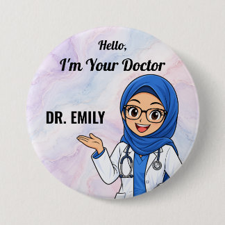 Personalized Hijab Doctor with Glasses Name Button