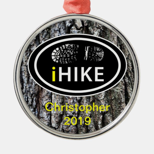 Personalized Hiking "iHIKE" Tree Bark Ornament (Front)