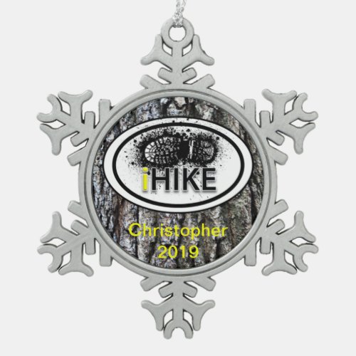 Personalized Hiking iHIKE Tree Bark Ornamet Snowflake Pewter Christmas Ornament