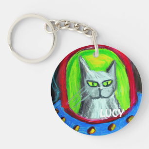 PERSONALIZED HILARIOUS CAT IN UFO CARTOON KEYCHAIN