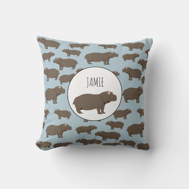 Personalized Hippopotamus Hippo Pattern Throw Pillow (Front)
