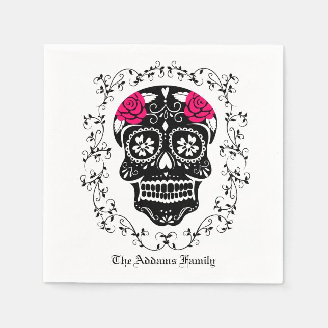 Personalized Hipster Black & Pink Sugar Skull Napkins (Front)