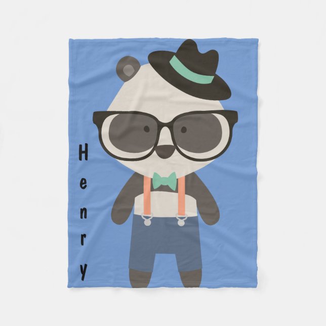 Personalized Hipster Mr Cool Panda Bear Baby Fleece Blanket (Front)