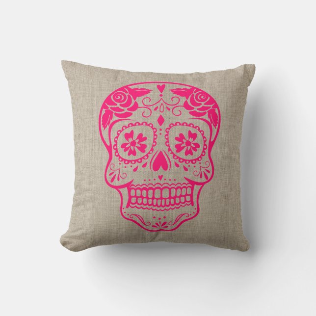 Personalized Hipster Sugar Skull Neon Pink Throw Pillow (Front)