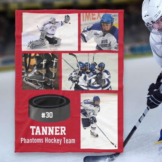 Personalized Hockey 5 Photo Collage Name Team # Fl Fleece Blanket (Creator Uploaded)