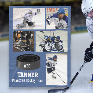 Personalized Hockey 5 Photo Collage Name Team # Fleece Blanket