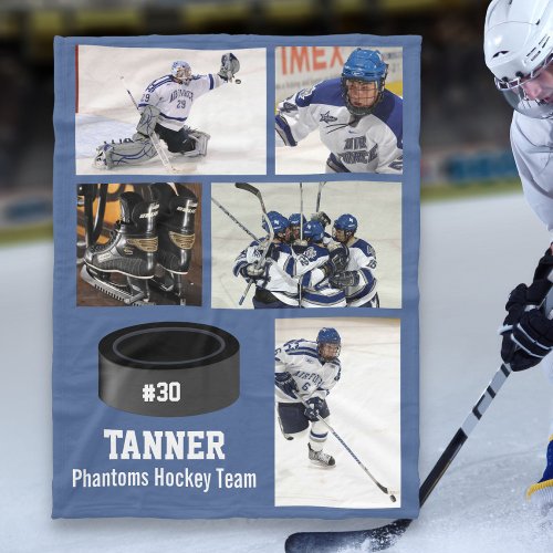 Personalized Hockey 5 Photo Collage Name Team  Fleece Blanket