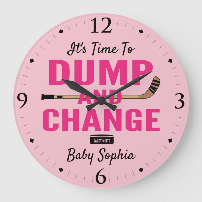 Personalized Hockey Baby Girl Name Dump and Change Large Clock (Front)