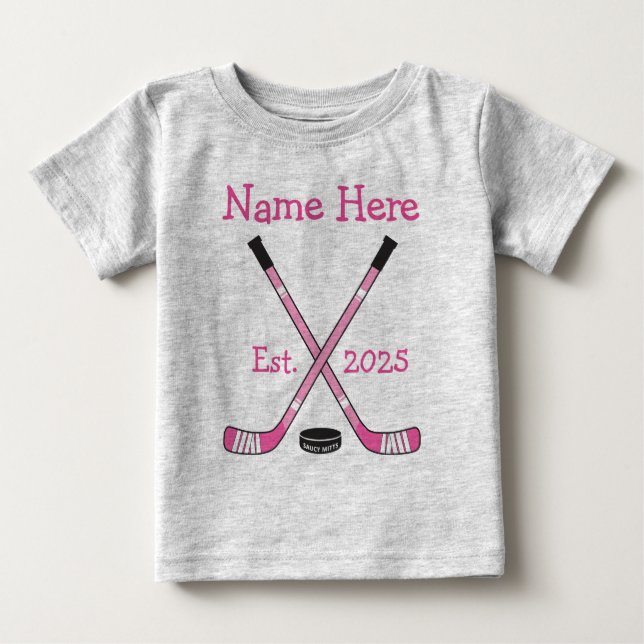 Personalized Hockey Baby Girl Name Year Born Pink T-Shirt (Front)