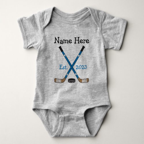 Personalized Hockey Baby Name Birth Year Born Blue Baby Bodysuit