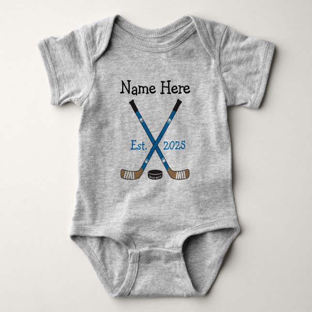 Personalized Hockey Baby Name Birth Year Born Blue Baby Bodysuit (Front)