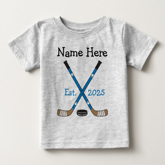 Personalized Hockey Baby Name Birth Year Born Blue Baby T-Shirt (Front)
