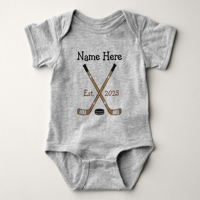 Personalized Hockey Baby Name Birth Year Born Bodysuit (Front)