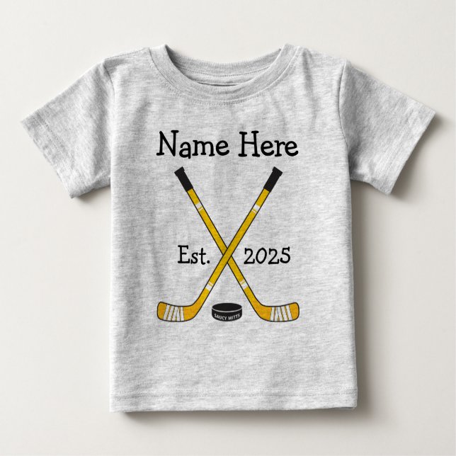 Personalized Hockey Baby Name Birth Year Born Gold Baby T-Shirt (Front)