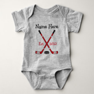 Personalized Hockey Baby Name Birth Year Born Red Baby Bodysuit