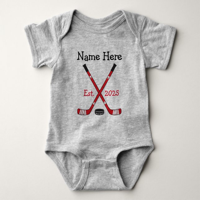 Personalized Hockey Baby Name Birth Year Born Red Baby Bodysuit (Front)