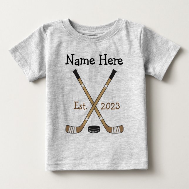 Personalized Hockey Baby Name Birth Year Born T-Shirt (Front)