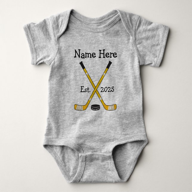 Personalized Hockey Baby Name Year Born Black Gold Baby Bodysuit (Front)