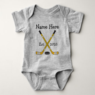 Personalized Hockey Baby Name Year Born Black Gold Baby Bodysuit