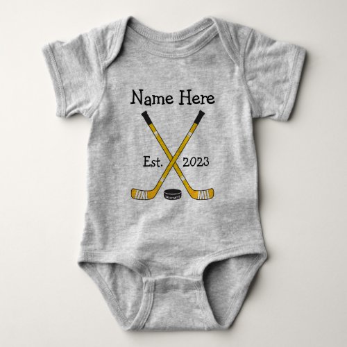 Personalized Hockey Baby Name Year Born Black Gold Baby Bodysuit
