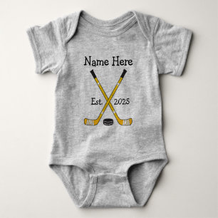 Personalized Hockey Baby Name Year Born Black Gold Bodysuit