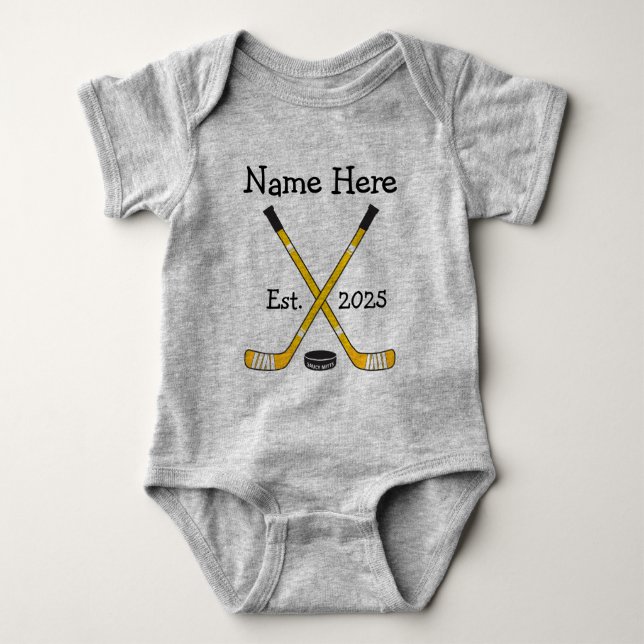 Personalized Hockey Baby Name Year Born Black Gold Bodysuit (Front)
