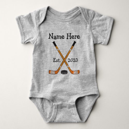 Personalized Hockey Baby Name Year Born Orange Baby Bodysuit