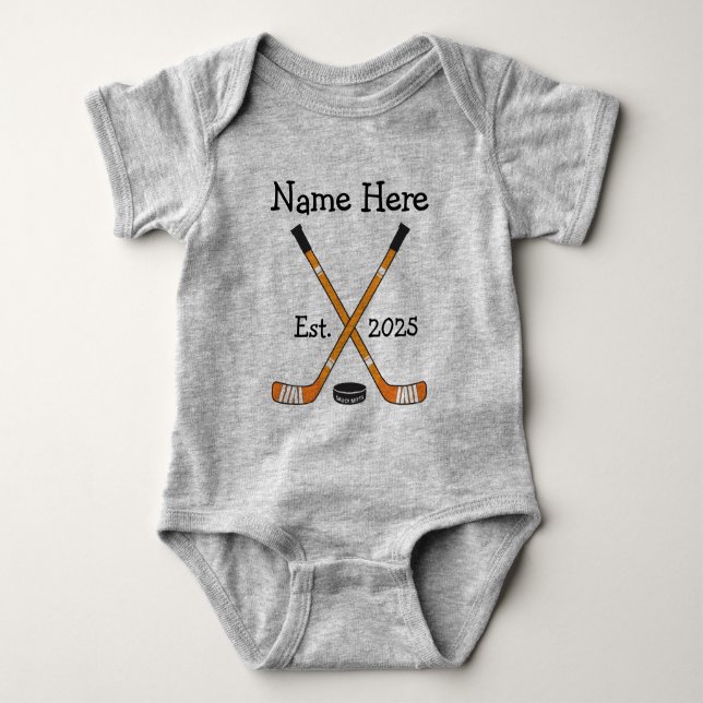 Personalized Hockey Baby Name Year Born Orange Baby Bodysuit (Front)