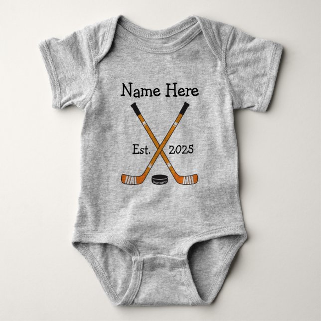 Personalized Hockey Baby Name Year Born Orange Bodysuit (Front)