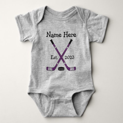 Personalized Hockey Baby Name Year Born Purple Baby Bodysuit