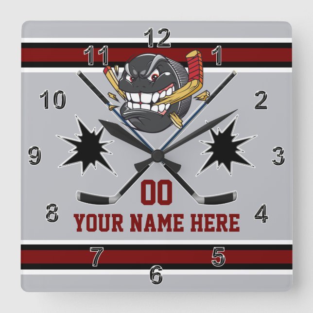 Personalized Hockey Clocks, Hockey Bedroom Decor Square Wall Clock (Front)