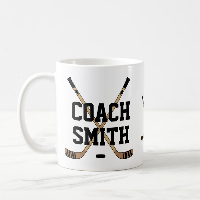 Personalized Hockey Coach Sticks and Puck Coffee Mug (Left)
