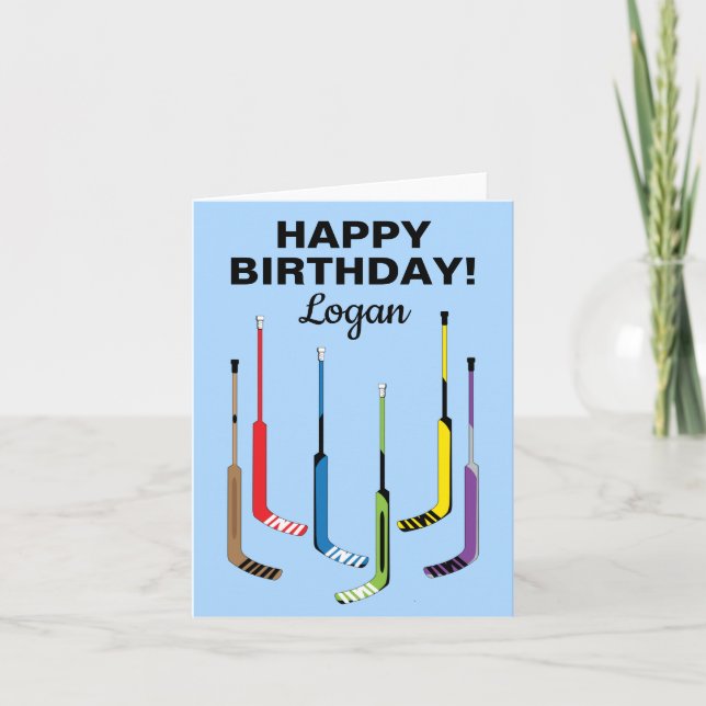 Personalized Hockey Goalie Birthday Hockey Sticks Card (Front)