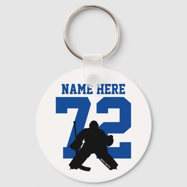 Personalized Hockey Goalie Name Number blue Keychain (Front)