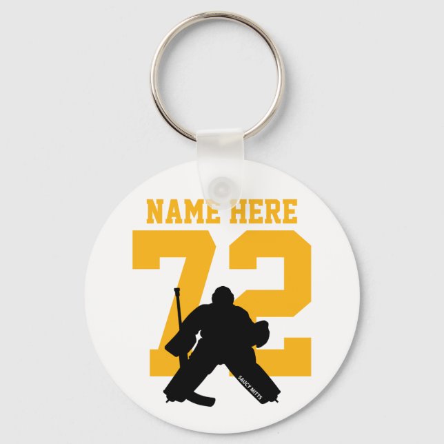 Personalized Hockey Goalie Name Number gold black Keychain (Front)