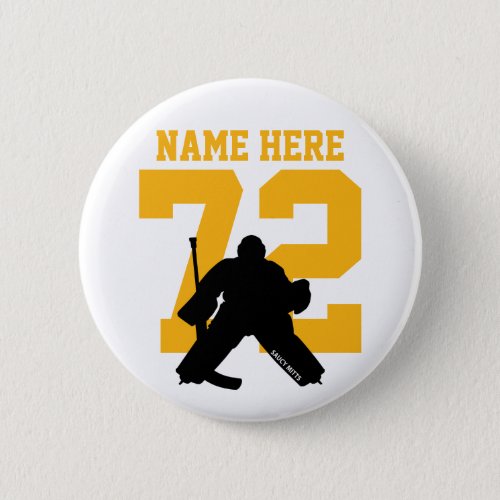 Personalized Hockey Goalie Name Number gold flare Button