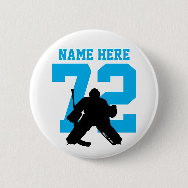 Personalized Hockey Goalie Name Number Turquoise Button (Front)