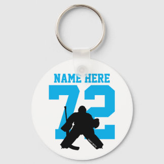 Personalized Hockey Goalie Name Number turquoise Keychain