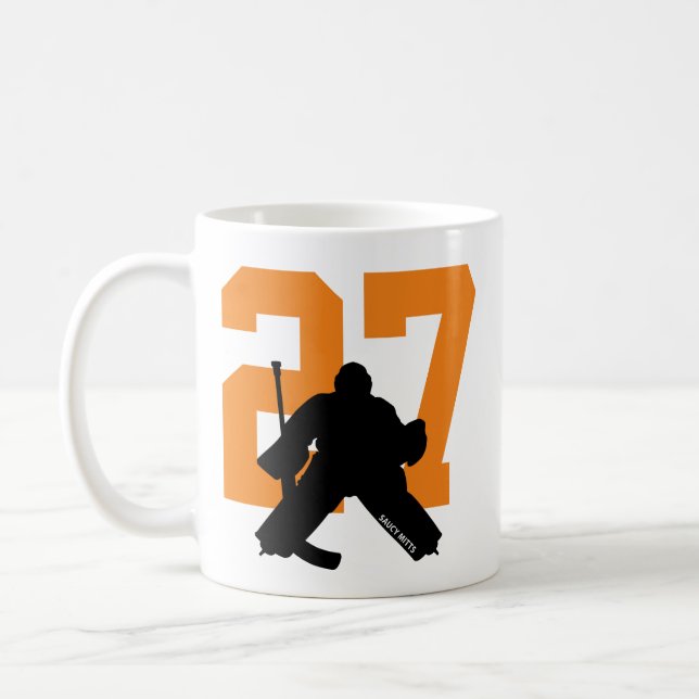 Personalized Hockey Goalie Player Number Orange Coffee Mug (Left)