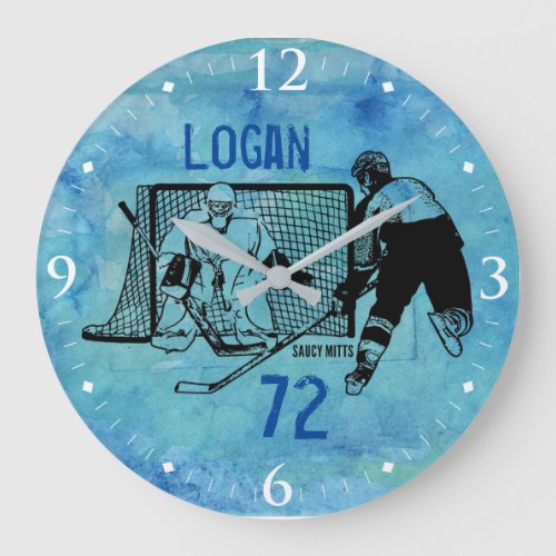 Personalized Hockey Ink Sketch Name Number on blue Large Clock