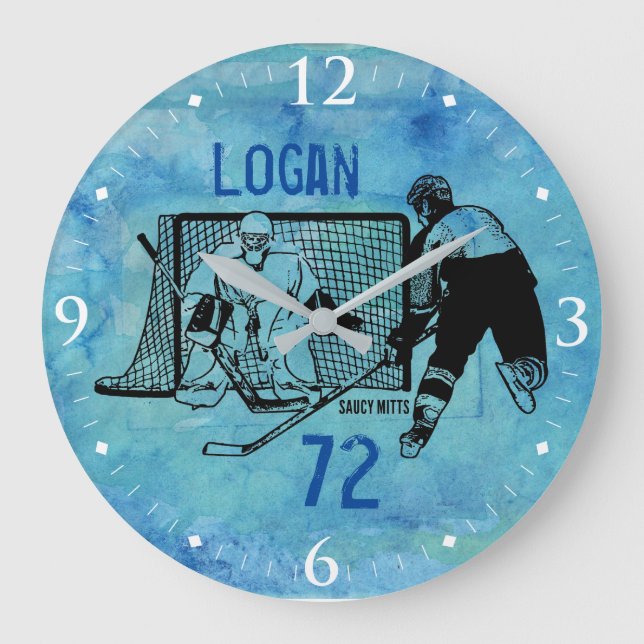 Personalized Hockey Ink Sketch Name Number on blue Large Clock (Front)