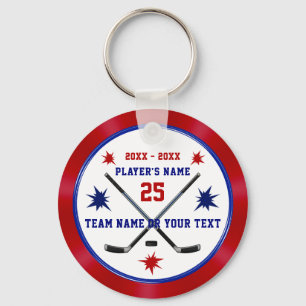 Personalized Hockey Party Favors, Red, White, Blue Keychain