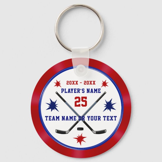 Personalized Hockey Party Favors, Red, White, Blue Keychain (Front)