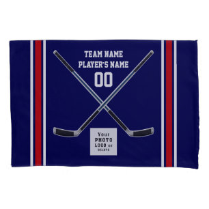 Personalized Hockey Pillow Cases, Navy Blue, White Case