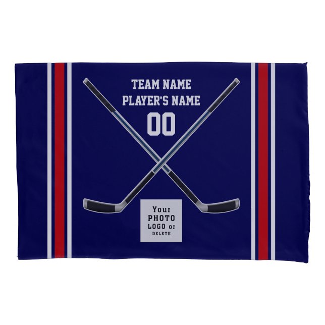 Personalized Hockey Pillow Cases, Navy Blue, White Pillow Case (Front)