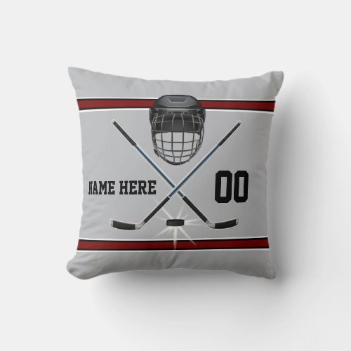 Personalized Hockey Pillow Gray Black Burgundy Throw Pillow