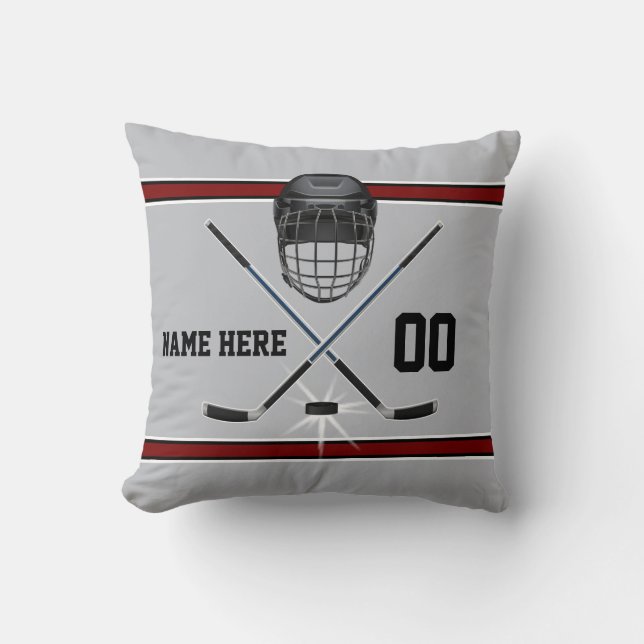 Personalized Hockey Pillow, Gray, Black, Burgundy Throw Pillow (Front)