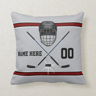 Personalized Hockey Pillow, Gray, Black, Burgundy Throw Pillow