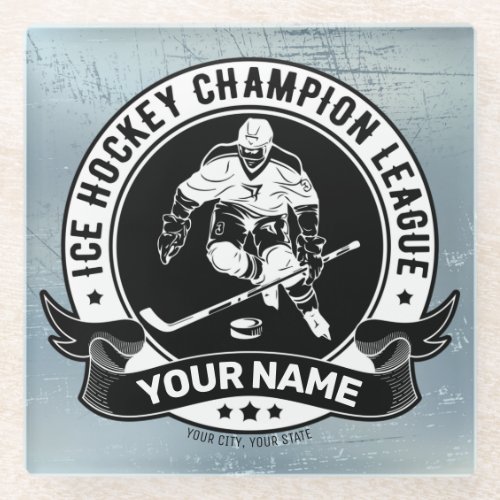 Personalized Hockey Player Ice Rink Team Athlete  Glass Coaster