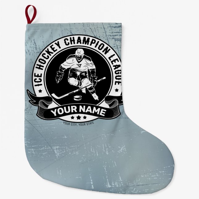 Personalized Hockey Player Ice Rink Team Athlete Large Christmas Stocking (Front)